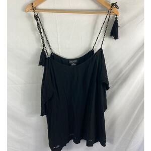 City Chic Cold Shoulder Tassel Tie Crinkle Blouse - Black Size 18